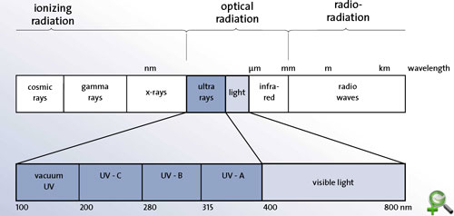 Границы оптимальных длин волн UV-C электромагнитного излучения (200 - 300 нм) с пиком эффективности воздействия на бактерии